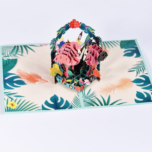 3D Pop-up-hälsningskort Glada flamingos