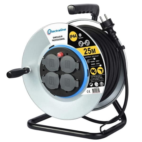 Förlängningssladd - Electraline - 49209 - 25m - 4 uttag - Svart gummi
