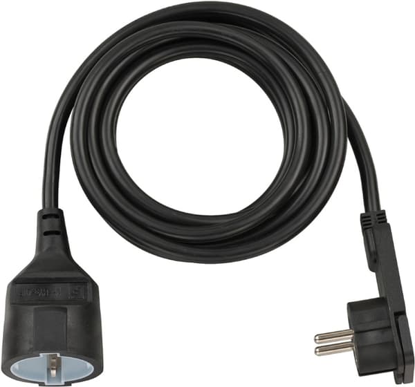 Plast skjøteledning med flat plugg (skjøteledning flat for innside med 3m kabel) sort