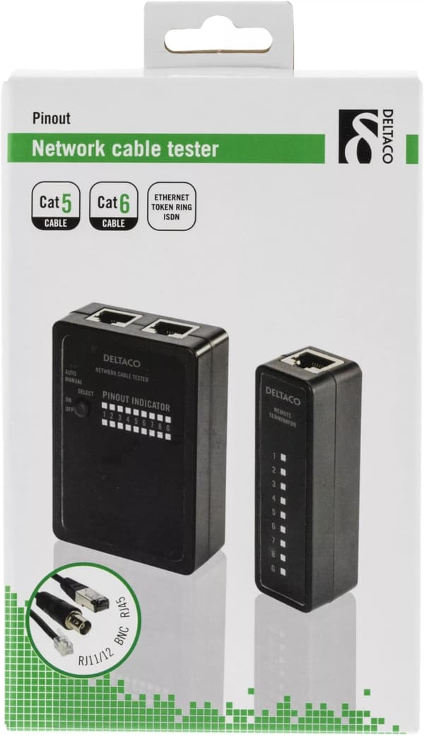 DELTACO kabeltester för RJ45/RJ12 & BNC, 2 delad, svart (MD-107)