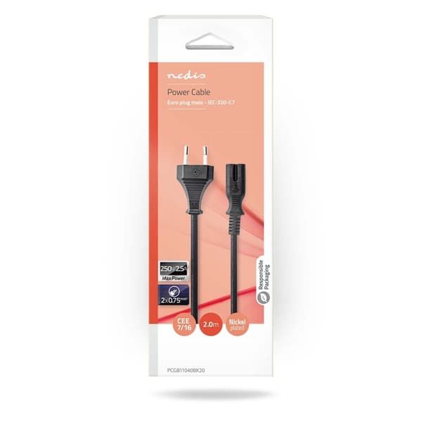 Nedis Strømkabel | Euro Hann | IEC-320-C7 | Rett | Rett | Nikkel belagt | 2.00 m | Flatt | PVC | Sort | Boks