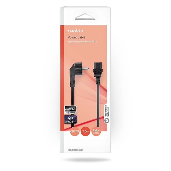 Nedis Strømkabel | Jordet kontakt han | IEC-320-C13 | Vinklet | Rett | Nikkel belagt | 2.00 m | Rund | PVC | Sort | Boks
