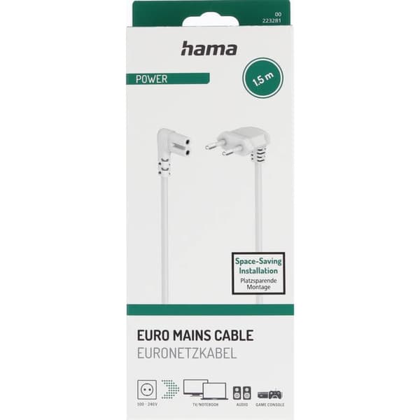 Hama Strømkabel vinklet Euro Plugg Hvit 1.5m