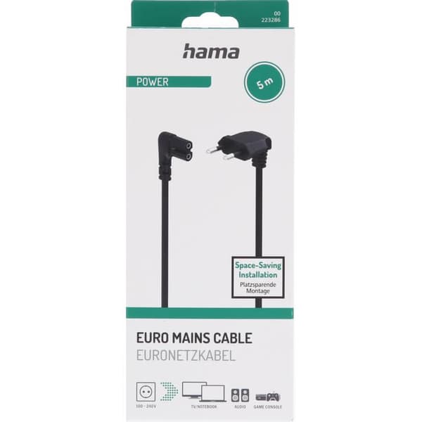 Hama Power Cable Angled Euro Plug Black 5.0m