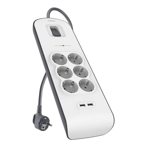 Belkin Bsv604vf2m Surge Strip Protection Socket 6 Slots 2 Usb Valkoinen