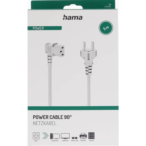 Hama Strømkabel vinklet 3-benet, hvid 5.0m