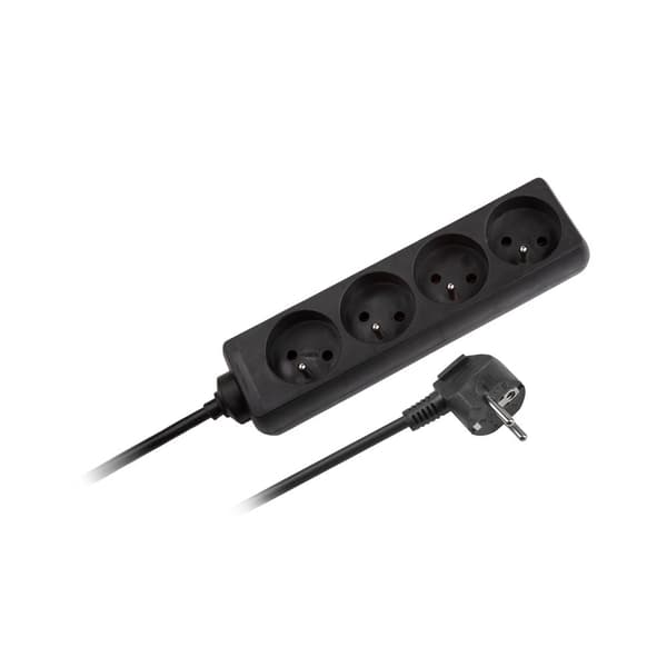 Rebel sort strømforlængerkabel, 4 stikkontakter uden kontakt, 5m kabel (3x1,5mm)