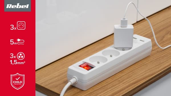 Rebel power forlængerkabel 3 stik + 2 USB stik med afbryder - 5m