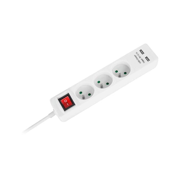 Rebel power forlængerkabel 3 stik + 2 USB stik med afbryder - 5m