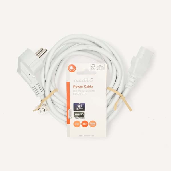 Nedis Strømkabel | Jordet kontakt han | IEC-320-C13 | Vinklet | Rett | Nikkel belagt | 3.00 m | Rund | PVC | Hvit | Label