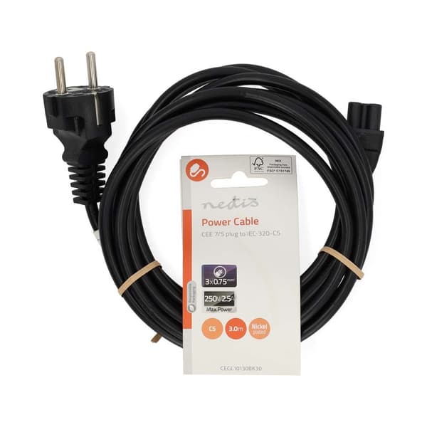 Nedis Strömkabel | Strömkontakt Hane | IEC-320-C5 | Rak | Rak | Nickelplaterad | 3.00 m | Rund | PVC | Svart | Label