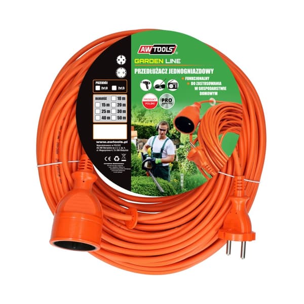 AWTOOLS ENKEL UTTAG TRÄDGÅRD FÖRLÄNGNINGSKABEL 40m UTAN JORDNING / 2x1.0mm / 6A / 230V / 1500W