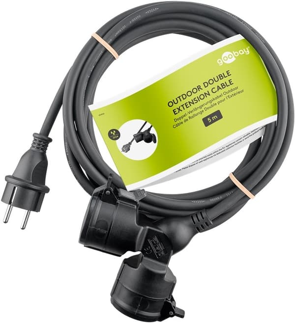 Goobay Dubbel förlängningskabel för utomhusbruk, 5 m, svart jordad hybrid stickpropp (typ E/F, CEE 7/7) > 2x jordat uttag (typ F, CEE 7/3)