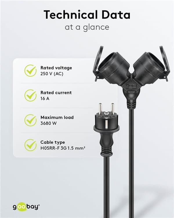 Goobay Dubbel förlängningskabel för utomhusbruk, 5 m, svart jordad hybrid stickpropp (typ E/F, CEE 7/7) > 2x jordat uttag (typ F, CEE 7/3)
