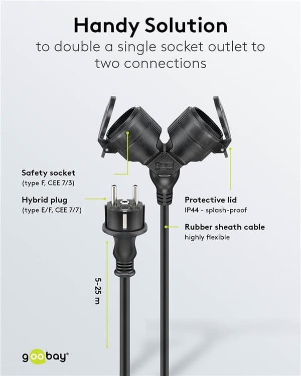 Goobay Dubbel förlängningskabel för utomhusbruk, 5 m, svart jordad hybrid stickpropp (typ E/F, CEE 7/7) > 2x jordat uttag (typ F, CEE 7/3)