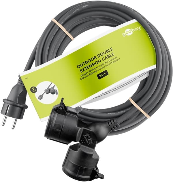 Goobay Dubbel förlängningskabel för utomhusbruk, 25 m, svart jordad hybrid stickpropp (typ E/F, CEE 7/7) > 2x jordat uttag (typ F, CEE 7/3)