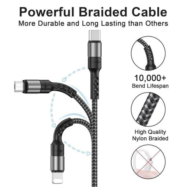 Multikabel med flera kontakter, 5 i 1 Universell Kabel [1.2M/2-pack] Multiladdningskabel med Lightning + USB C + Micro