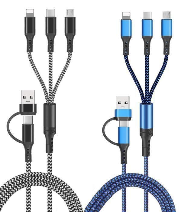 Multikabel med flera kontakter, 5 i 1 Universell Kabel [1.2M/2-pack] Multiladdningskabel med Lightning + USB C + Micro