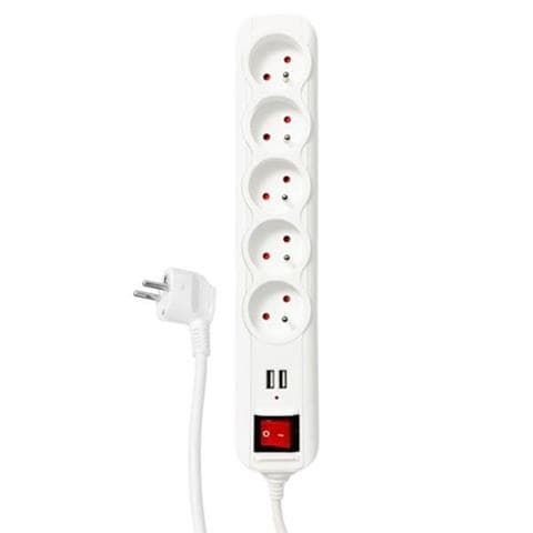 Beskyttelsesliste med afbryder, 5 stikkontakter, 2 x USB, hvid, 1,5 m