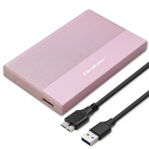 Qoltec Aluminiumchassi | SSD HDD 2,5" Fack | SATA | USB 3.0 | Superhastighet 5 Gb/s | 2 TB | Rosa