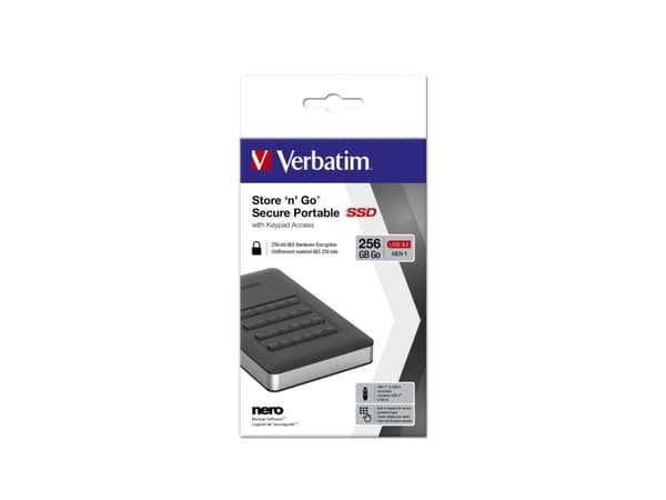 Verbatim Store 'n' Go Portable - SSD - kryptert - 256 GB - ekstern (bærbar) - USB 3.1 Gen 1 (USB-C kontakt) - 256-bit AES
