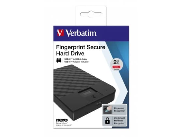 Verbatim Fingerprint Secure - Harddisk - kryptert - 2 TB - ekstern (bærbar) - USB 3.1 Gen 1 (USB-C kontakt) - 256-bit AES