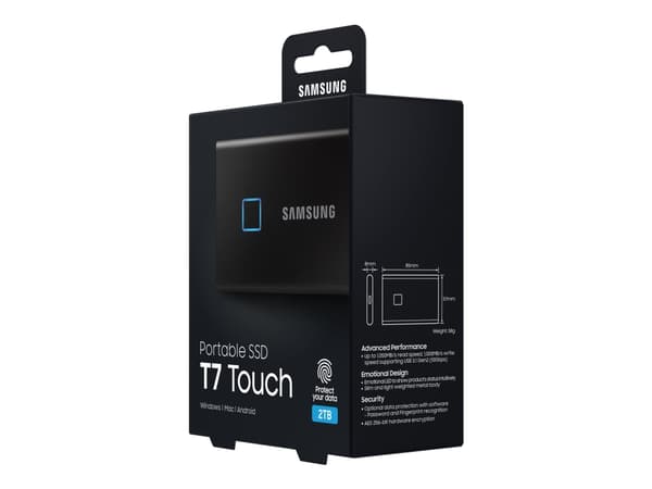 Samsung T7 Touch MU-PC2T0K - SSD - krypterat - 2 TB - extern (portabel) - USB 3.2 Gen 2 (USB-C kontakt) - 256 bitars AES - svart