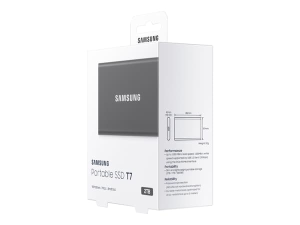 Samsung T7 MU-PC2T0T - SSD - krypterat - 2 TB - extern (portabel) - USB 3.2 Gen 2 (USB-C kontakt) - 256 bitars AES - Titan gray