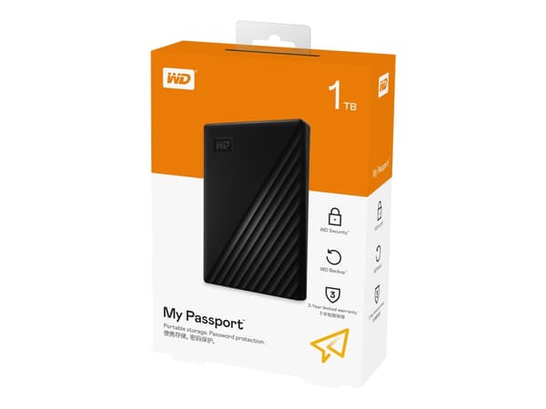 WD My Passport WDBYVG0010BBK - Harddisk - kryptert - 1 TB - ekstern (bærbar) - USB 3.2 Gen 1 - 256-bit AES - svart
