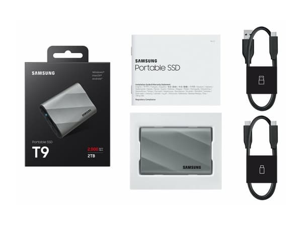 Samsung T9 MU-PK2T0G - SSD - krypterat - 2 TB - extern (portabel) - USB 3.2 Gen 2x2 (USB-C kontakt) - 256 bitars AES - grå