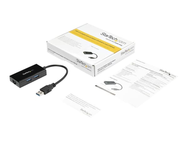 StarTech.com USB 3.0 till Gigabit-nätverksadapter med inbyggd USB-hubb med 2 portar - Nätverksadapter - USB 3.0 - Gigabit Ethernet x 1 - svart