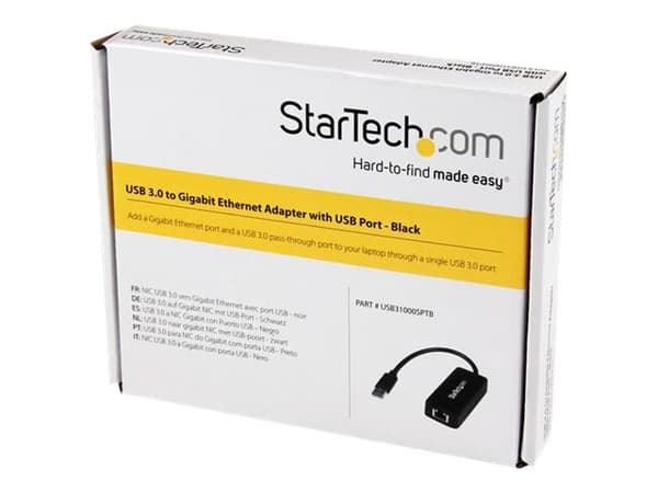 StarTech.com USB 3.0 Ethernet Adapter - USB 3.0 Network Adapter NIC with USB Port - USB to RJ45 - USB Passthrough (USB31000SPTB) - Nätverksadapter -