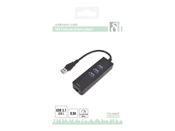 DELTACO USB3-GIGA3 - Hub - 3 x SuperSpeed USB 3.0 + 1 x 10/100/1000 - stasjonær