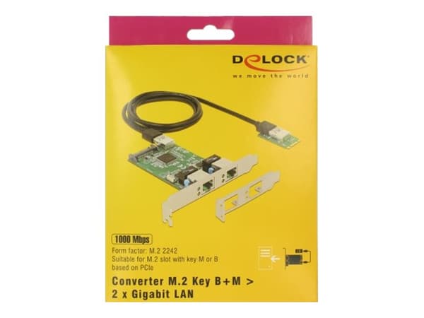 Delock Converter M.2 Key B+M male > 2 x Gigabit LAN - Low Profile Form Factor - Nätverksadapter - M.2 2242 låg profil - Gigabit Ethernet x 2