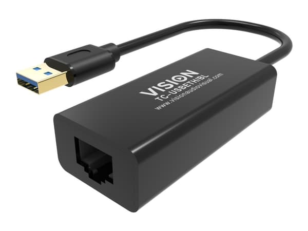 Vision TC-USBETH/BL - Verkkosovitin - USB 2.0 - Gigabit Ethernet x 1 - musta