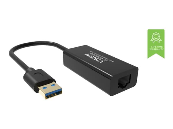 Vision TC-USBETH/BL - Verkkosovitin - USB 2.0 - Gigabit Ethernet x 1 - musta