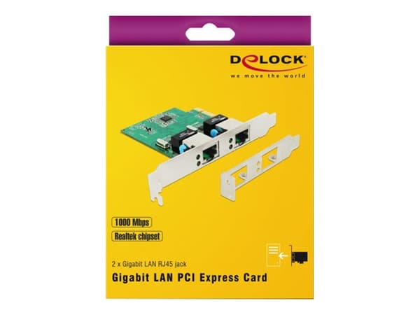 DeLock PCI Express-kort > 2 x Gigabit LAN - Nettverksadapter - PCIe 1.1 lavprofil - Gigabit Ethernet x 2