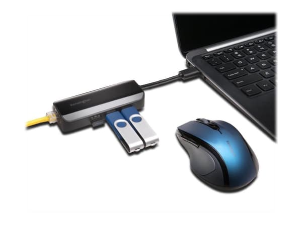 Kensington UA3000E - Nettverksadapter - USB 3.0 - Gigabit Ethernet x 1 + USB 3.0 x 3 - svart