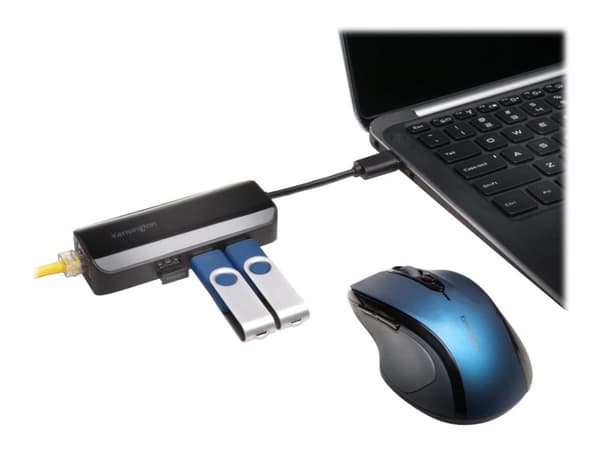 Kensington UA3000E - Nettverksadapter - USB 3.0 - Gigabit Ethernet x 1 + USB 3.0 x 3 - svart