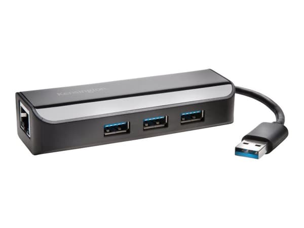 Kensington UA3000E - Nettverksadapter - USB 3.0 - Gigabit Ethernet x 1 + USB 3.0 x 3 - svart Sort