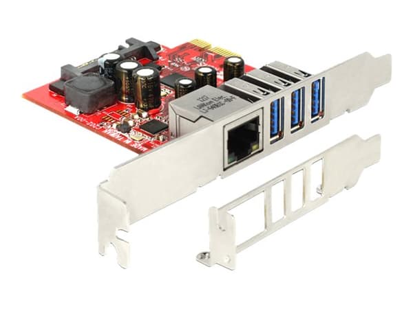 Delock PCI Express Card > 3 x external USB 3.0 + 1 x external Gigabit LAN - Nätverks-/USB-adapter - PCIe - USB 3.0 x 3 + 1000Base-T Grå, Röd
