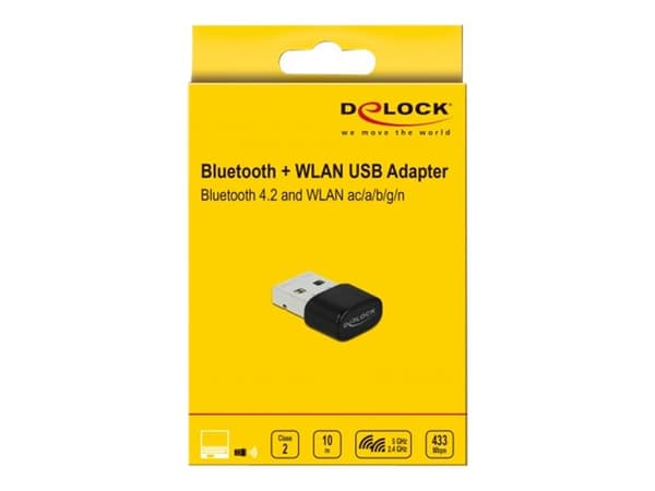 Delock Bluetooth 4.2 and Dualband WLAN ac/a/b/g/n 433 Mbps USB Adapter - Nätverksadapter - USB 2.0 - Wi-Fi 5, Bluetooth 4.2 - svart