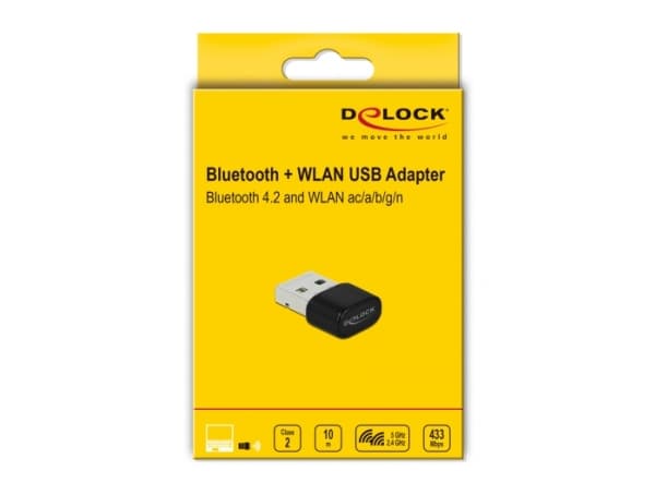 Delock Bluetooth 4.2 and Dualband WLAN ac/a/b/g/n 433 Mbps USB Adapter - Nätverksadapter - USB 2.0 - Wi-Fi 5, Bluetooth 4.2 - svart