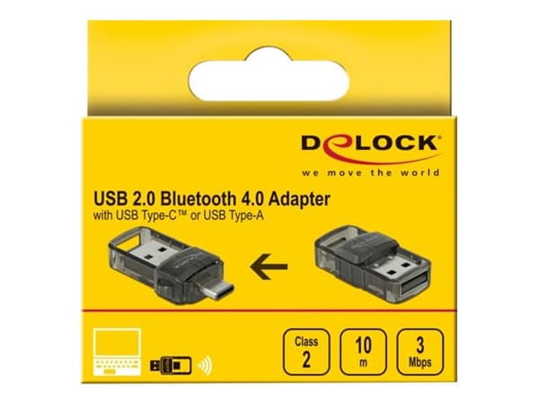 DeLOCK USB 2.0 Bluetooth 4.0 Adapter 2 in 1 USB Type-C™ or Type-A, Langaton, USB, Bluetooth, 3 Mbit/s, Läpinäkyvä