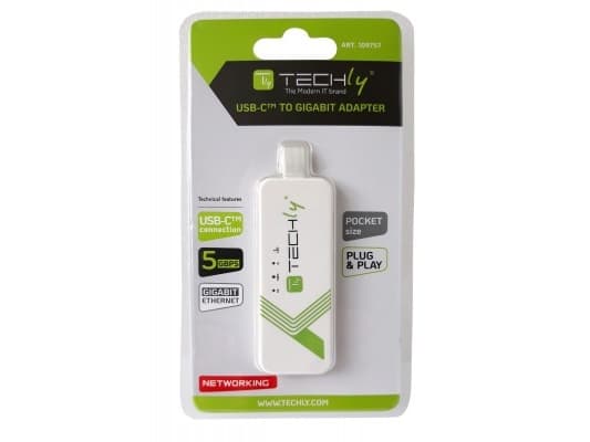 Techly IADAP USB31-ETGIGA3, Koblet med ledninger (ikke trådløs), USB Type-C, Ethernet, 5000 Mbit/s, Hvit
