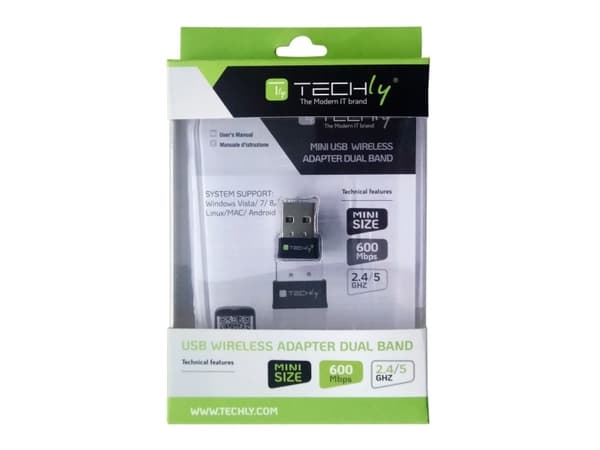 Techly I-WL-USB-600TY, Trådløs, USB, WLAN, Wi-Fi 5 (802.11ac), 583 Mbit/s, Sort