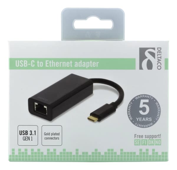 DELTACO USB 3.1 nätverksadapter, Gigabit, 1xRJ45, USB Typ C, svart