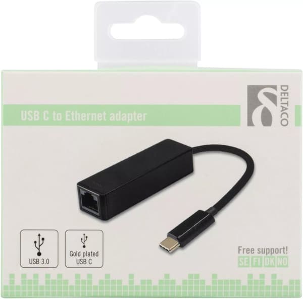 DELTACO USB 3.1 nätverksadapter, Gigabit, 1xRJ45, USB Typ C, svart
