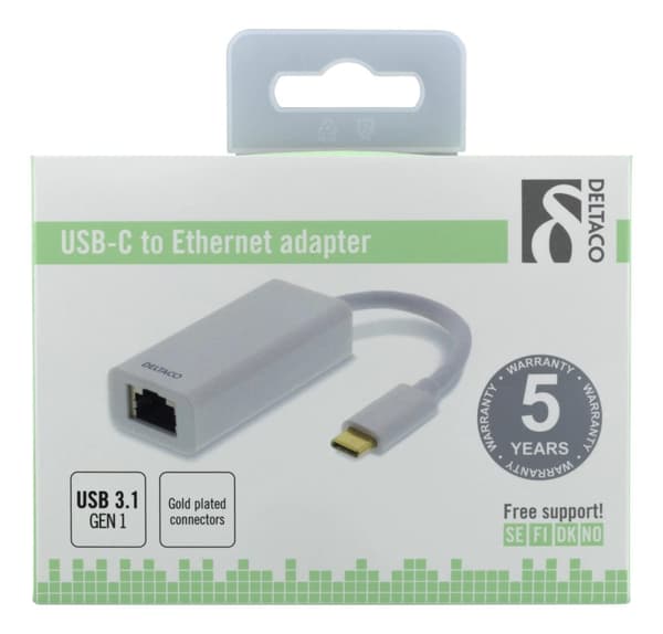 DELTACO USB 3.1 nettverksadapter, Gigabit, 1xRJ45, USB Type C, hvit