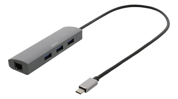 DELTACO USB-C-nav og nettverksadapter, USB-C ha, RJ45 ho, 3xUSB-A 3.0